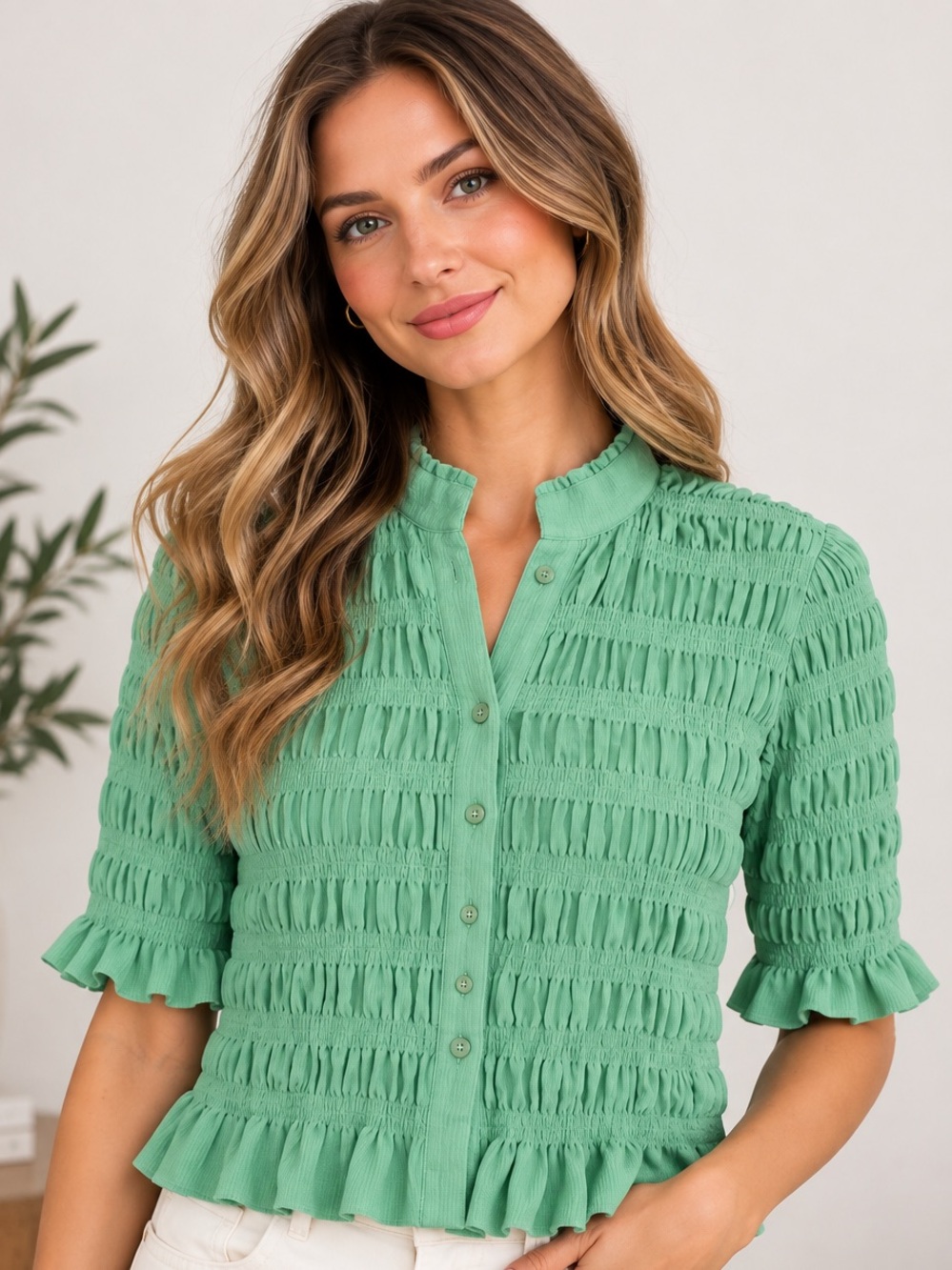 Maeve Anthropologie Green Smocked Blouse Women’s Size L